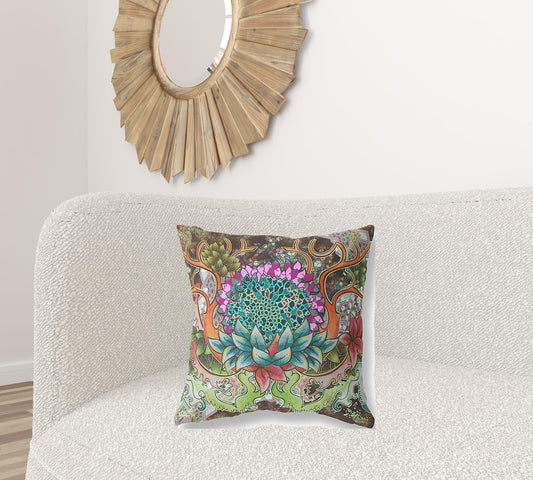 20” Green Orange Flower Bloom Suede Throw Pillow