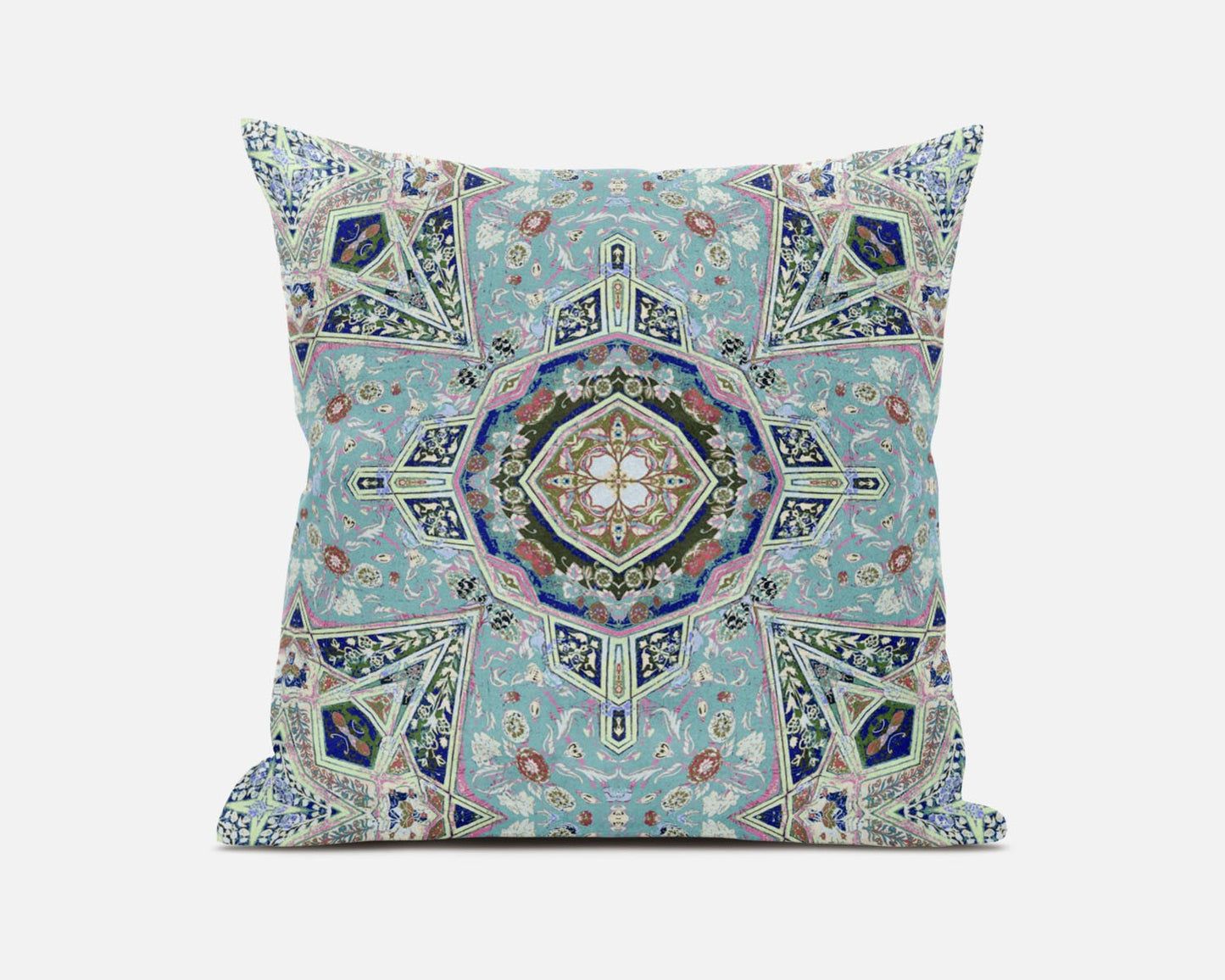 20" Aqua Blue Floral Geometric Suede Throw Pillow