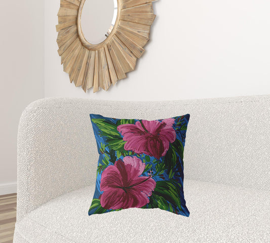 20” Pink Blue Hibiscus Suede Decorative Throw Pillow