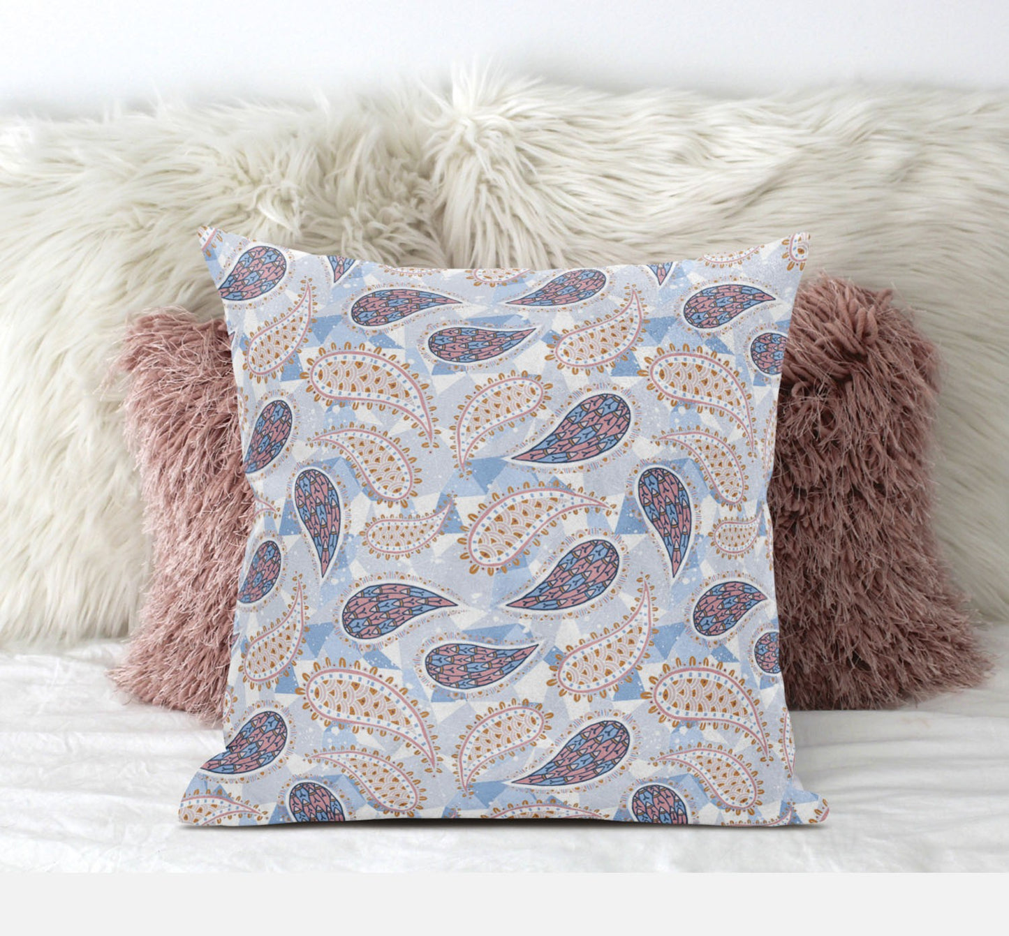 16” Blue Pink Boho Paisley Zippered Suede Throw Pillow