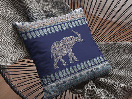 20” Navy Ornate Elephant Suede Throw Pillow