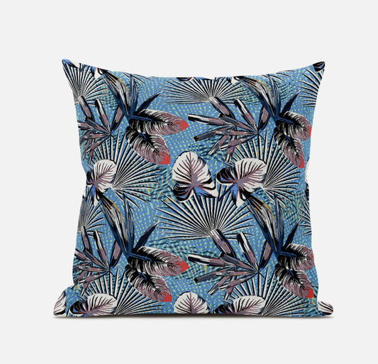 16” Black Blue Tropical Zippered Suede Throw Pillow