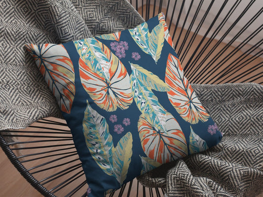 20” Orange Blue Tropical Leaf Suede Throw Pillow