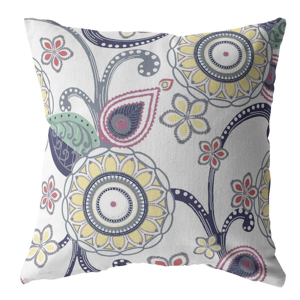 20” White Yellow Floral Suede Throw Pillow