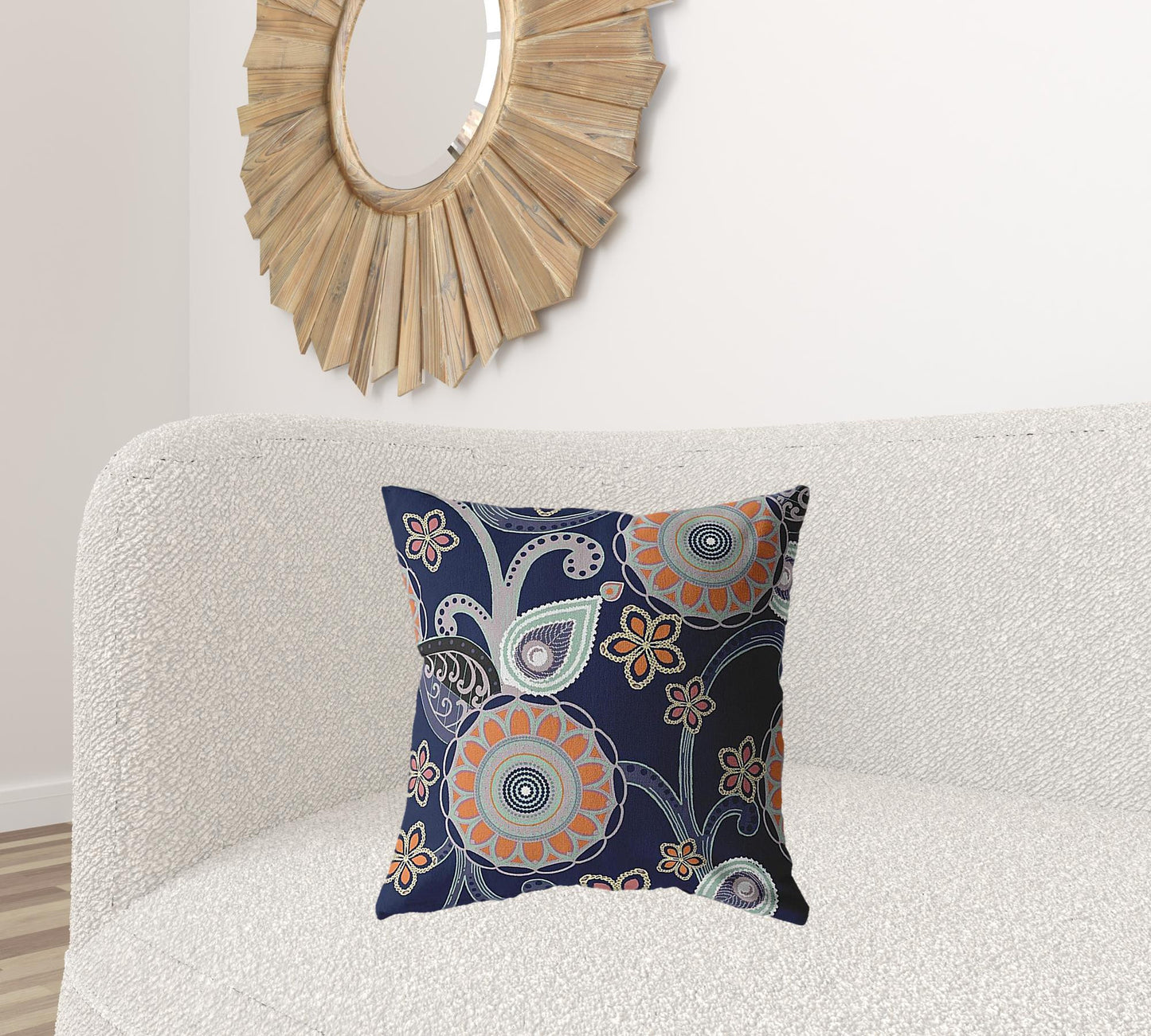 20” Indigo Orange Floral Suede Throw Pillow