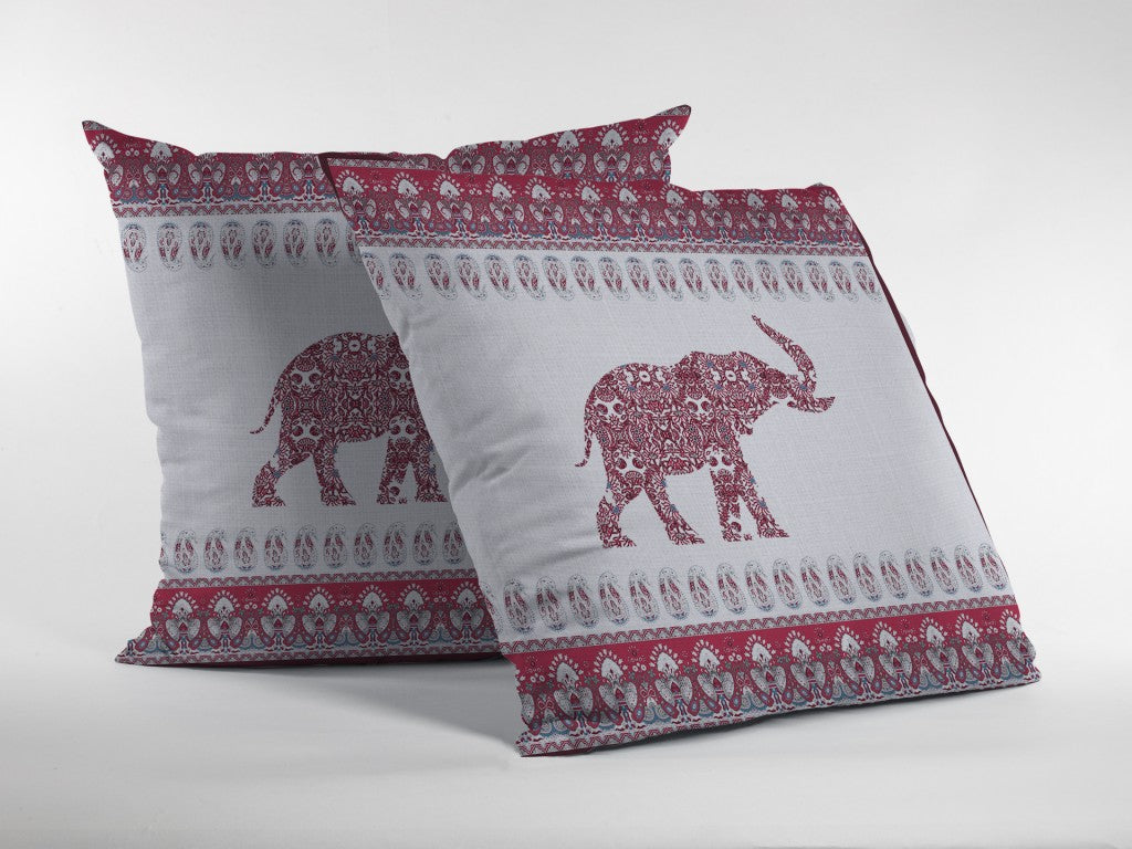 20” Red White Ornate Elephant Suede Throw Pillow