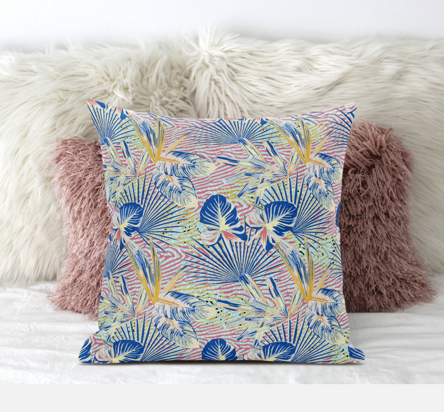 16” Blue Pink Tropical Zippered Suede Throw Pillow