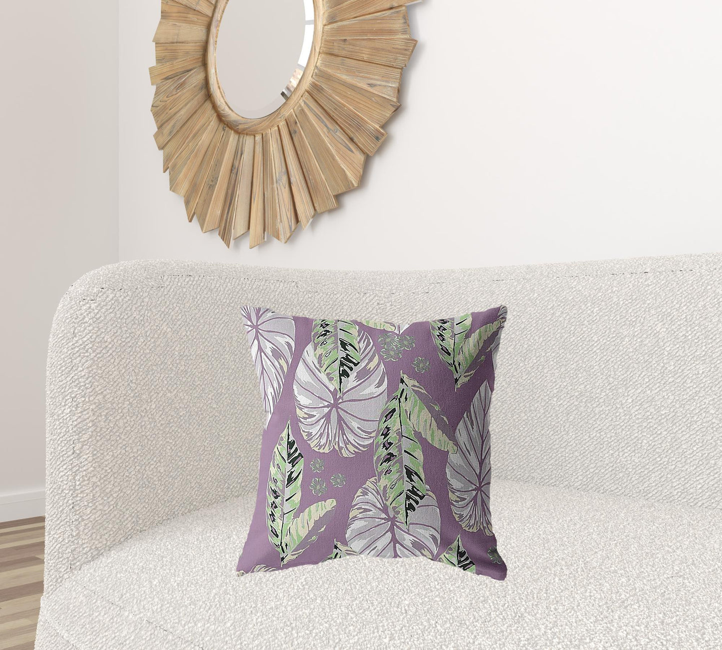 20” White Purple Tropical Leaf Suede Throw Pillow