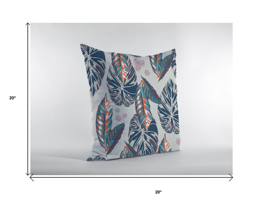 20” Blue Gray Tropical Leaf Suede Throw Pillow