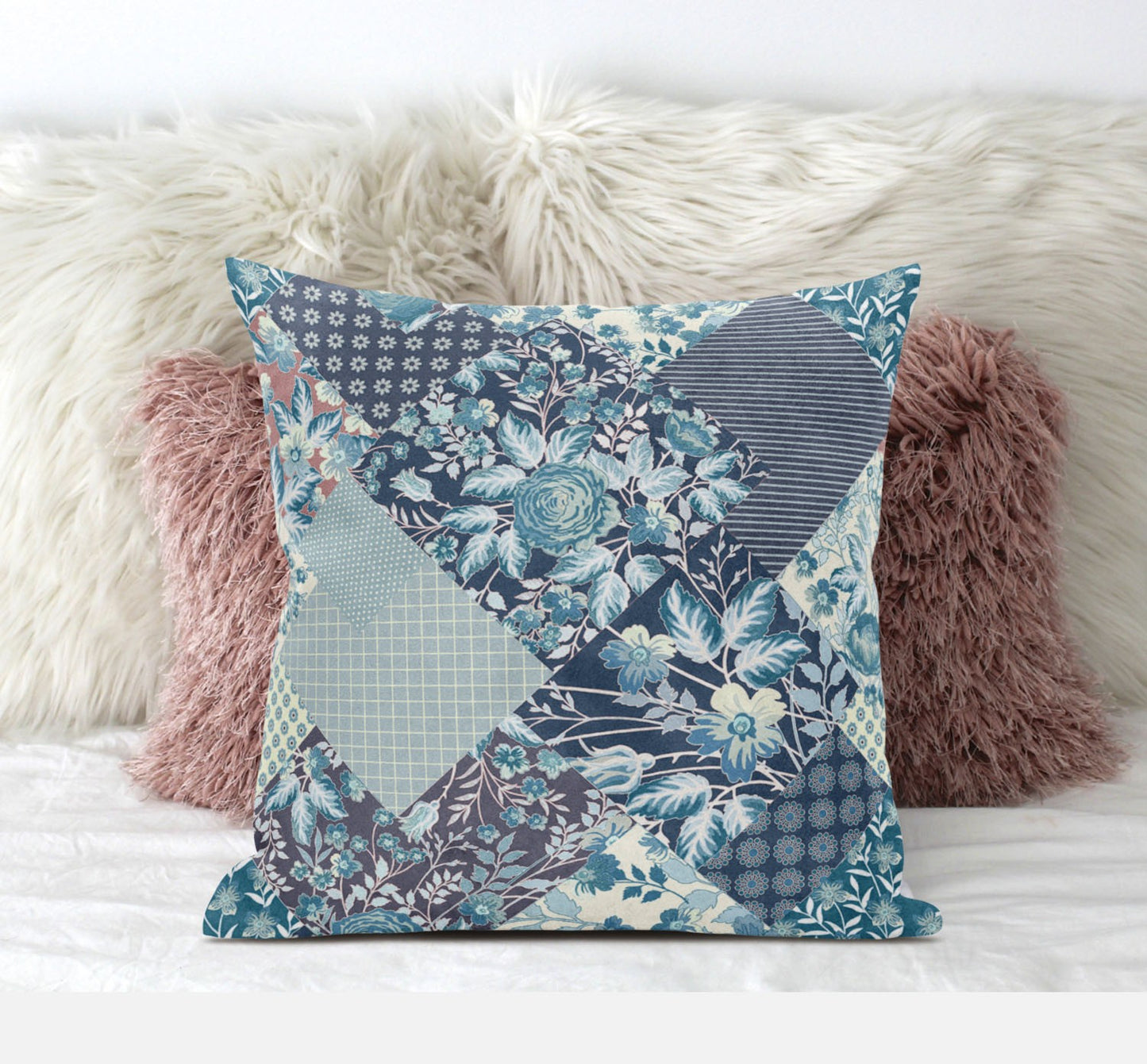 16" Blue White Floral Zippered Suede Throw Pillow