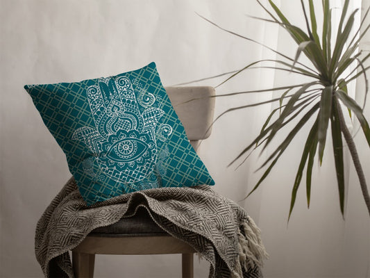 20” Teal White Hamsa Boho Suede Throw Pillow