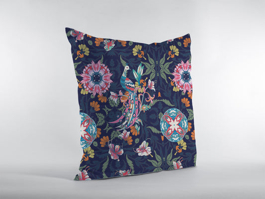 20" Navy Pink Peacock Suede Throw Pillow