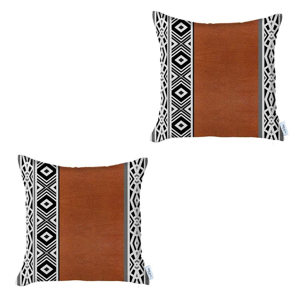 Set Of Two 18" X 18" Brown Geometric Zippered Handmade Faux Leather Throw Pillow