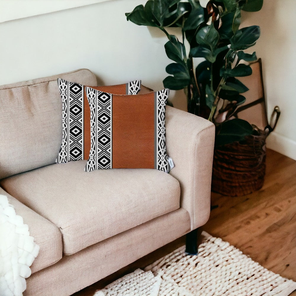 Set Of Two 18" X 18" Brown Geometric Zippered Handmade Faux Leather Throw Pillow