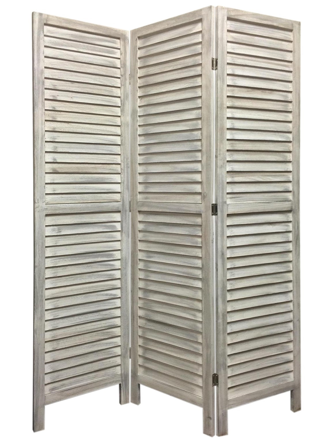 Stylish Three Panel Washed White Shutter Divider Screen