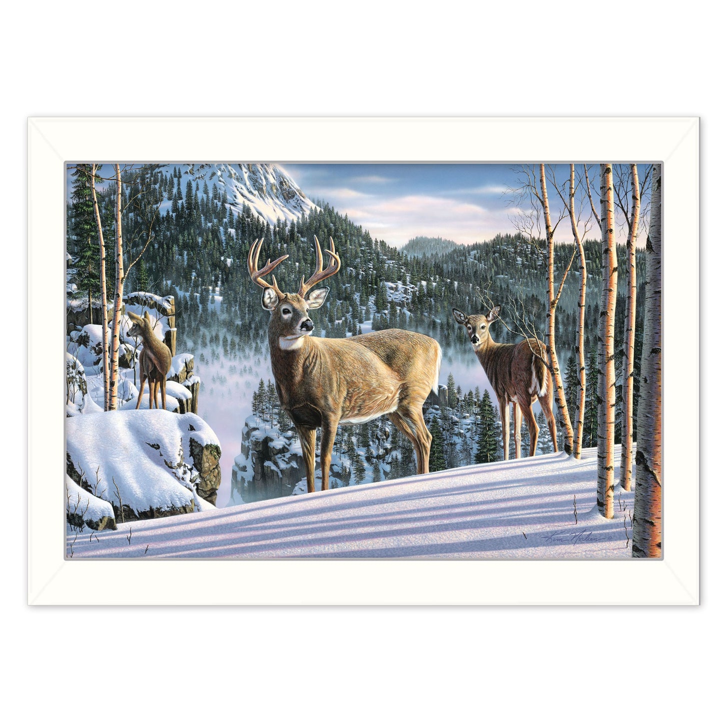 Morning View Deer 2 White Framed Print Wall Art