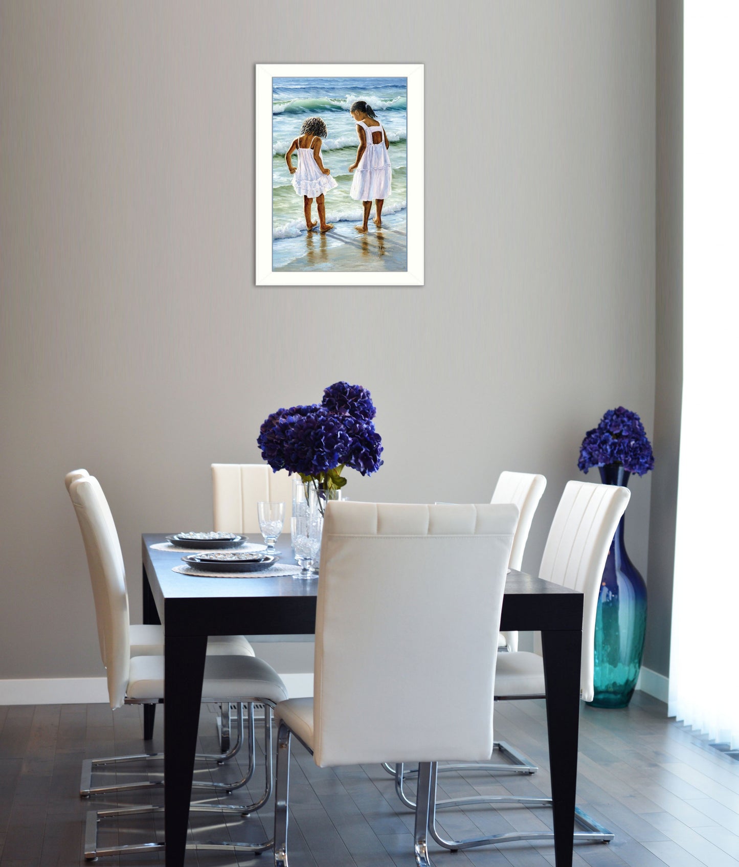 Two Girls At The Beach 1 White Framed Print Wall Art