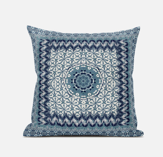 16” Blue White Holy Floral Zippered Suede Throw Pillow