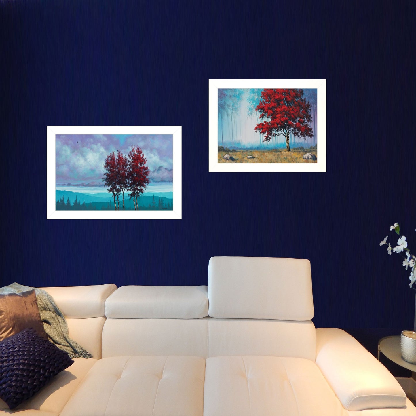 Set Of Two Red Trees 1 White Framed Print Wall Art