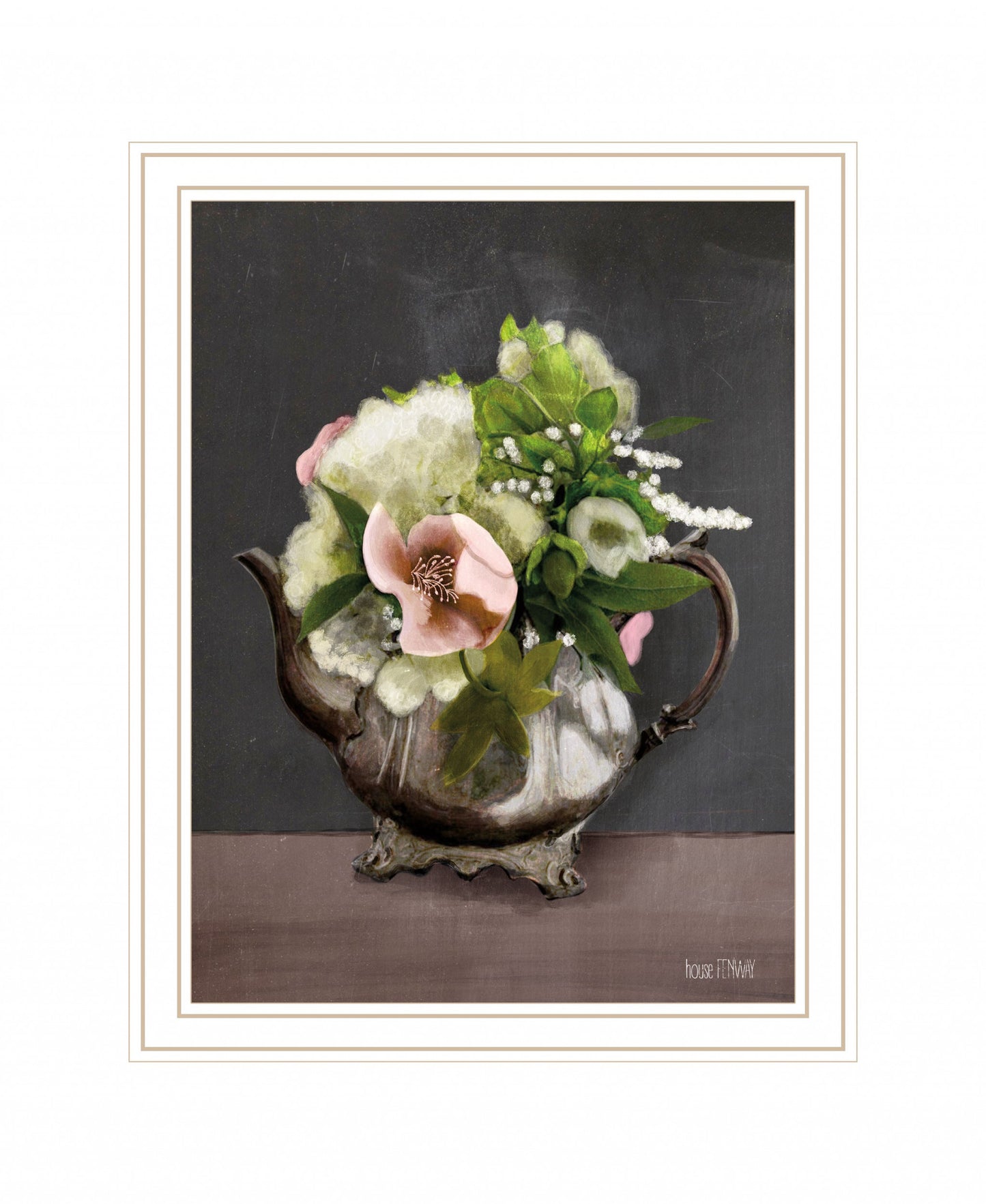 Vintage Floral Tea Pot 3 White Framed Print Wall Art