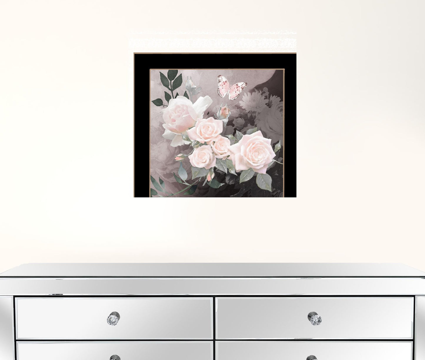 Pretty Pink Roses and Butterfly Black Framed Print Wall Art