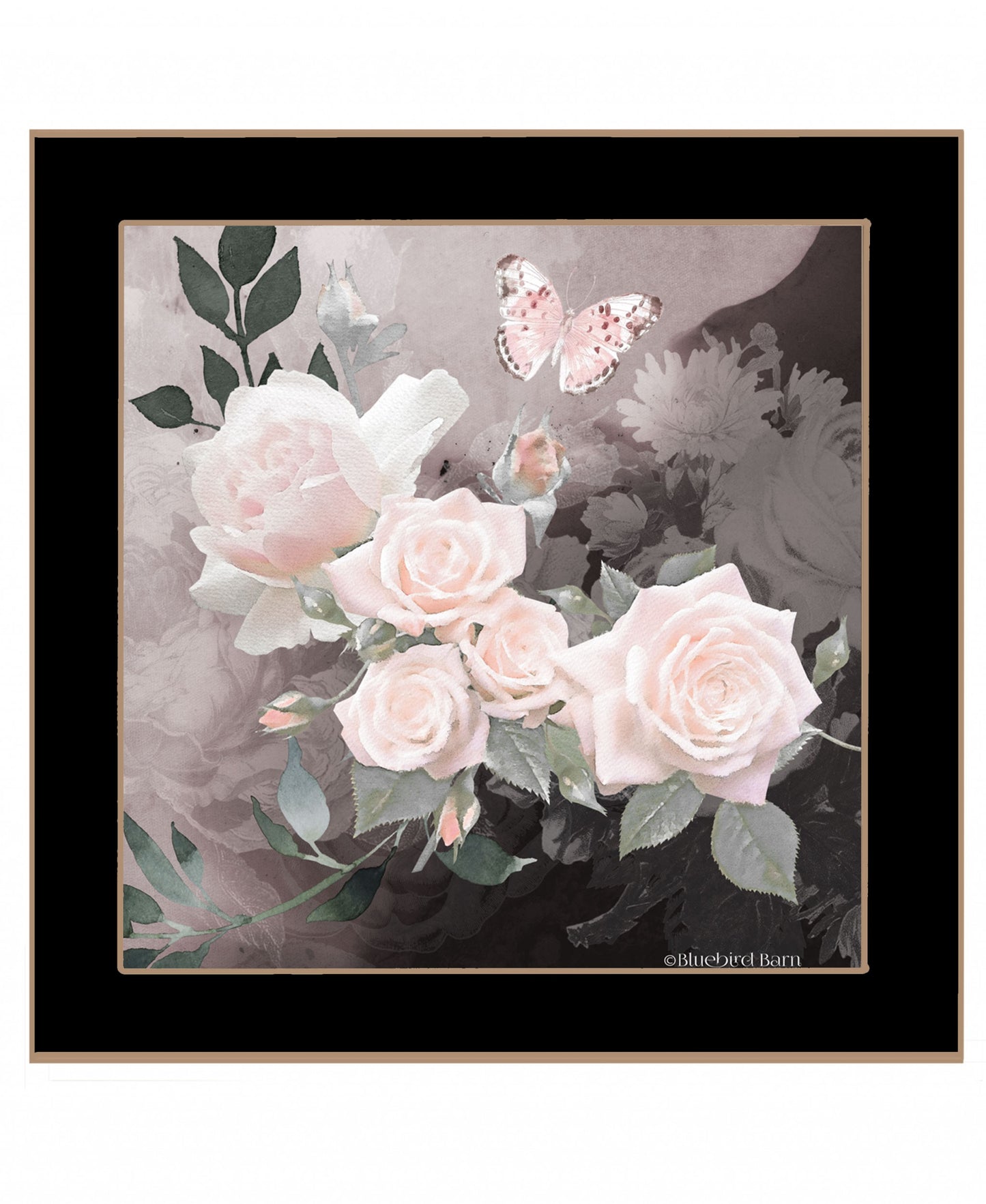 Pretty Pink Roses and Butterfly Black Framed Print Wall Art