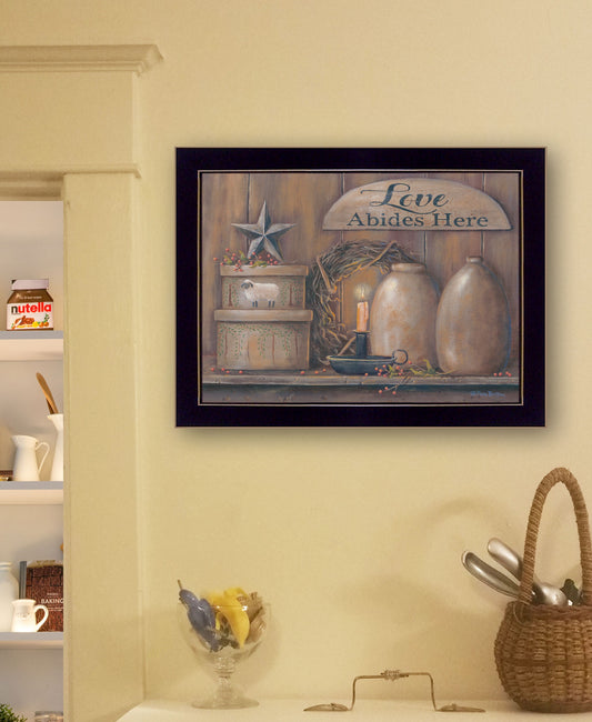 Love Abides Here Shelf 1 Black Framed Print Wall Art