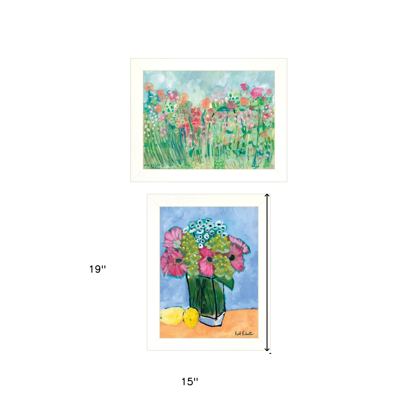 Set Of Two Flower Field Or Bouquet White Framed Print Wall Art