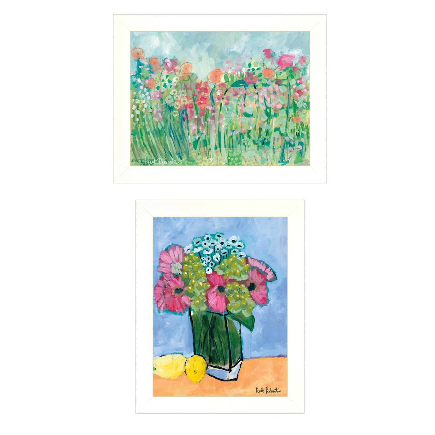 Set Of Two Flower Field Or Bouquet White Framed Print Wall Art