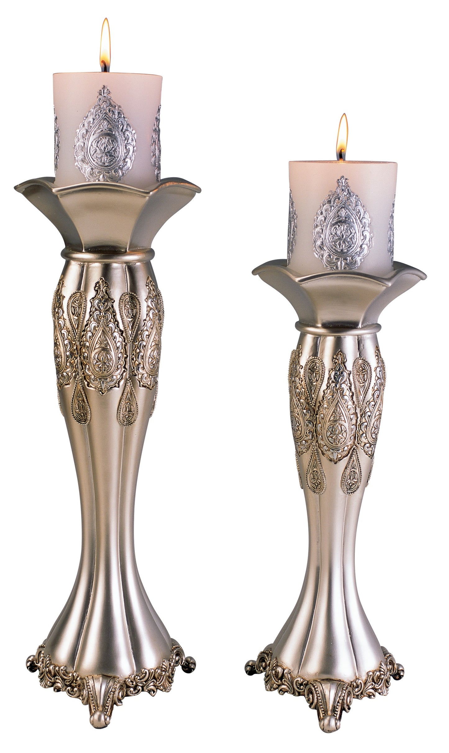 Set Of Two Silver Tabletop Pillar Candle Holders