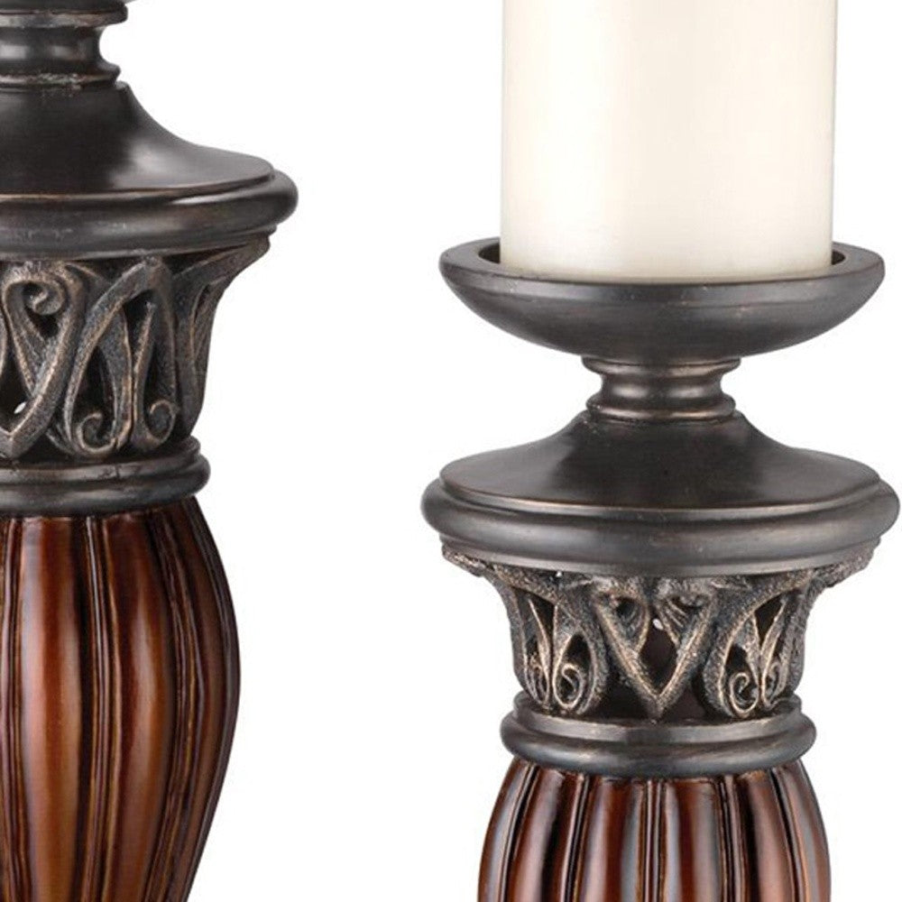 Set Of Two Bronze and Brown Tabletop Pillar Candle Holders