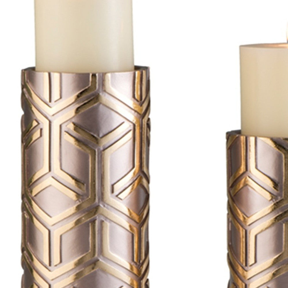 Set Of Two Gold Tabletop Pillar Candle Holders