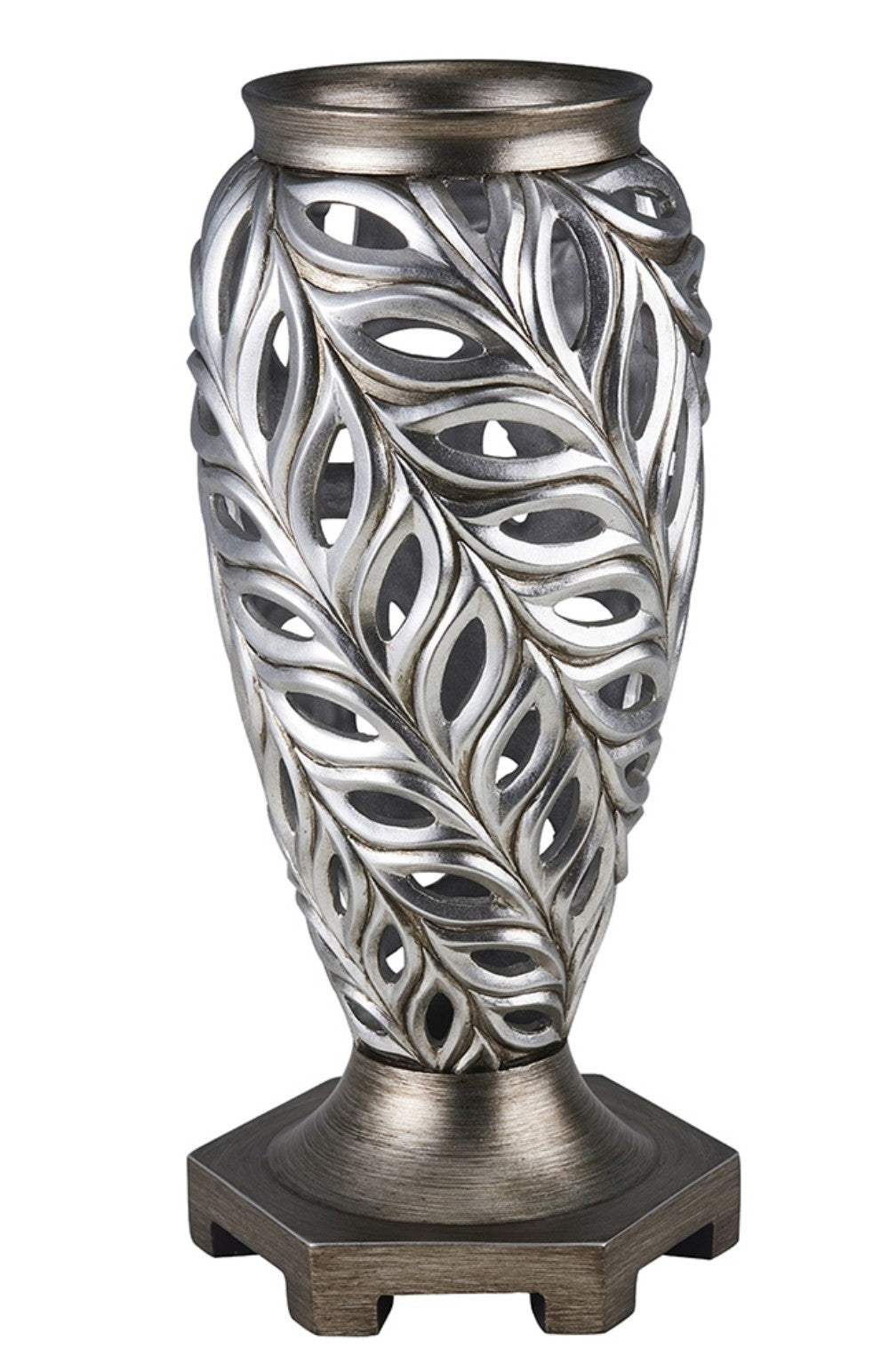 16" Gray and Silver Leaf Polyresin Round Urn Vase