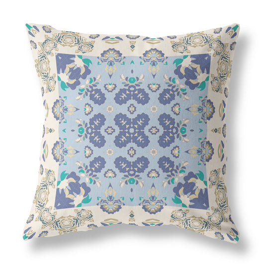 20" X 20" Off White And Blue Floral Blown Seam Suede Throw Pillow