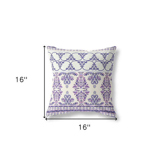 16" X 16" White And Purple Stencil Zippered Suede Throw Pillow