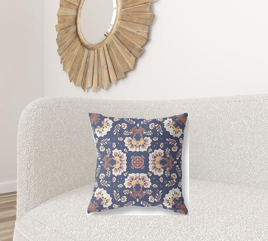 20" X 20" Blue And White Floral Blown Seam Suede Throw Pillow