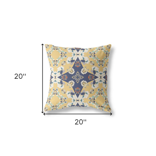 20" X 20" Yellow And Blue Floral Blown Seam Suede Throw Pillow