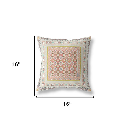 16" X 16" Off White And Orange Floral Zippered Suede Throw Pillow