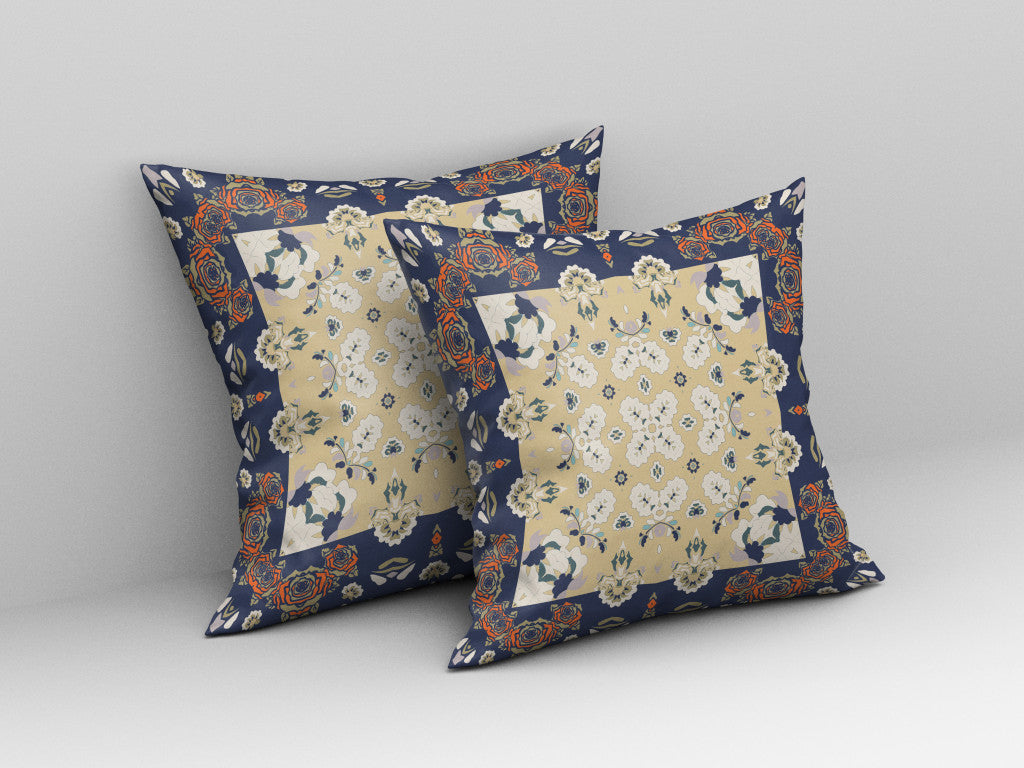 20" X 20" Blue Yellow Floral Blown Seam Suede Throw Pillow