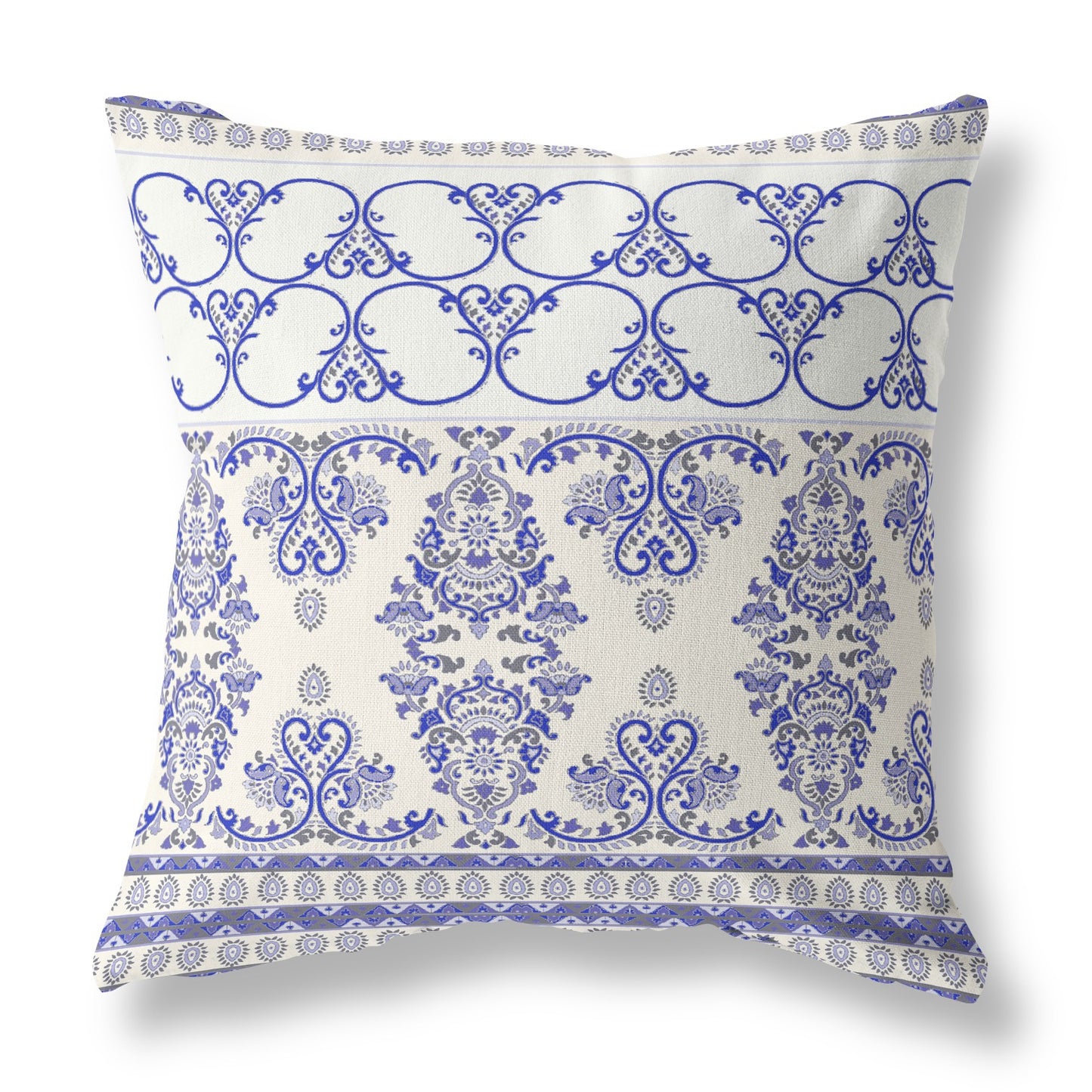 20" X 20" White And Blue Stencil Blown Seam Suede Throw Pillow