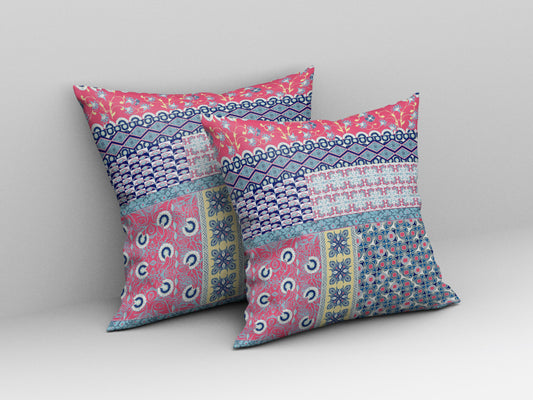 20"X20" Blue And Pink Microsuede Patchwork Blown Seam Pillow