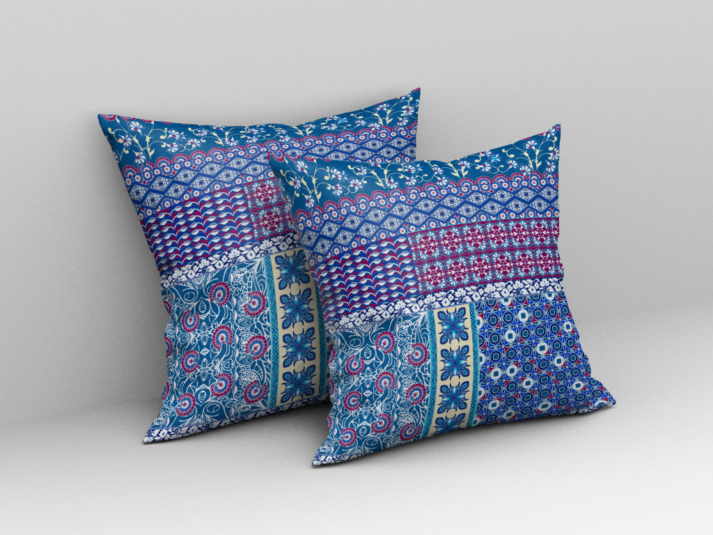 20"X20" Blue And Purple Microsuede Patchwork Blown Seam Pillow