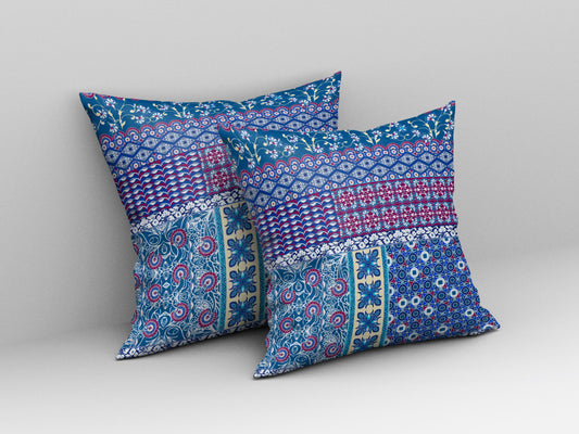 20"X20" Blue And Purple Microsuede Patchwork Blown Seam Pillow