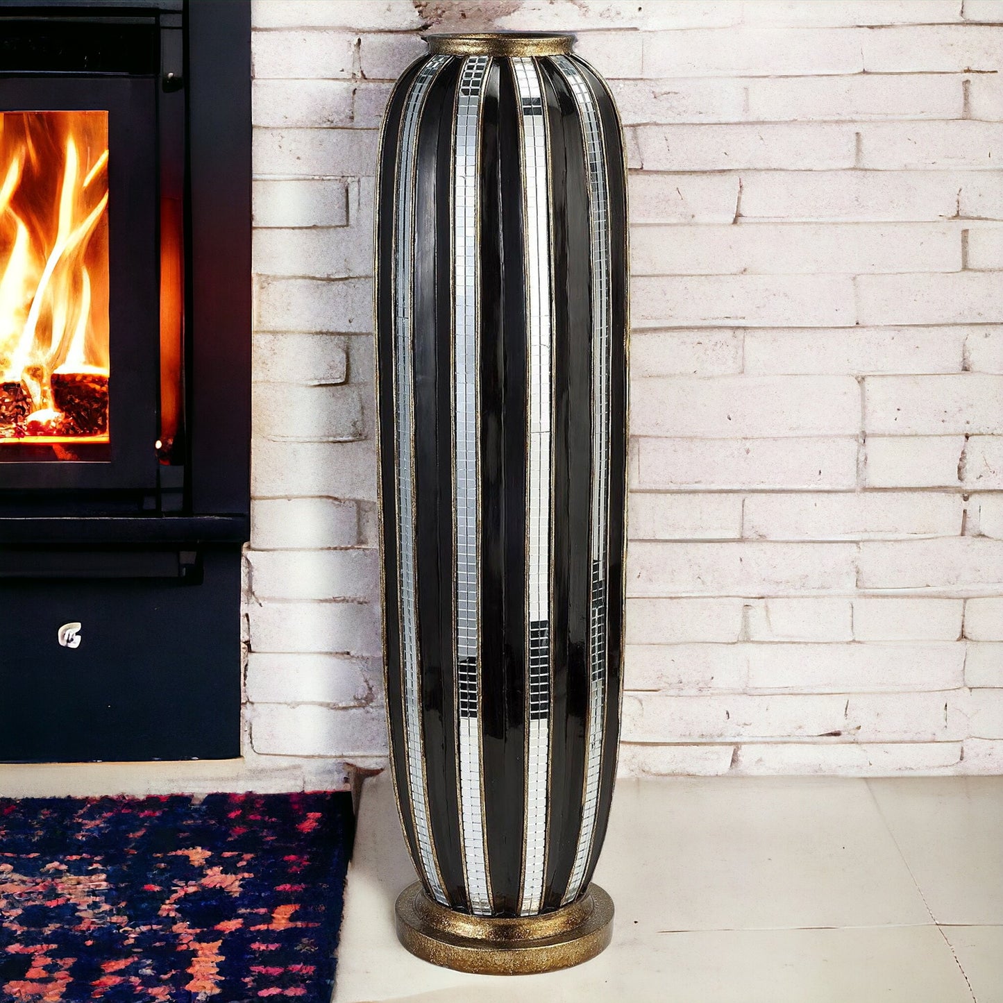 21" Polyresin Black and Silver Striped Round Floor Vase