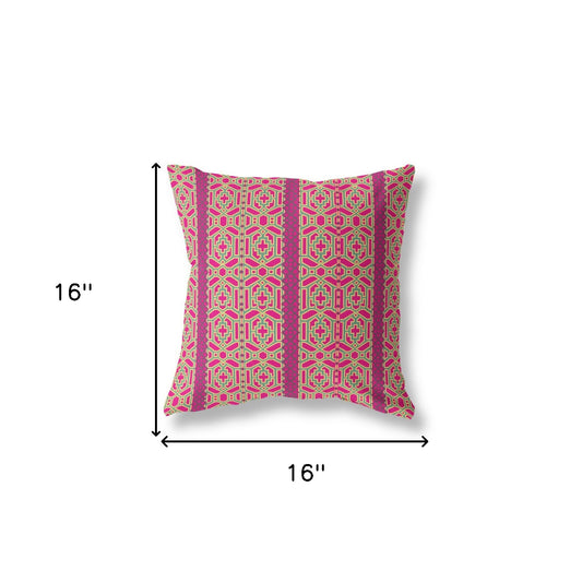 16" X 16" Pink And Green Geometric Zippered Suede Throw Pillow