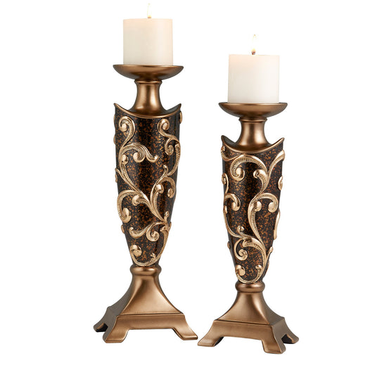 Set Of Two Brown and Gold Pillar Tabletop Pillar Candle Holders