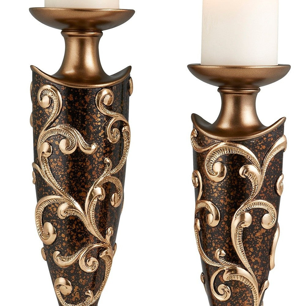 Set Of Two Brown and Gold Pillar Tabletop Pillar Candle Holders