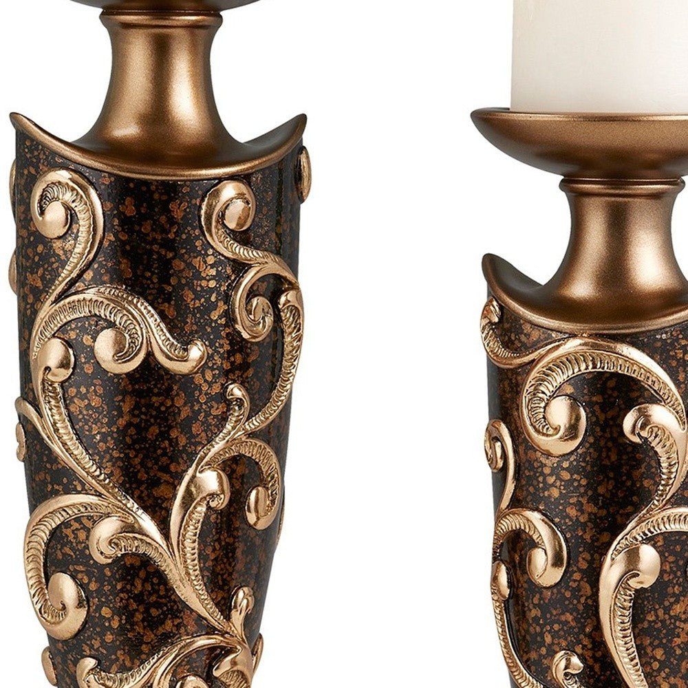 Set Of Two Brown and Gold Pillar Tabletop Pillar Candle Holders