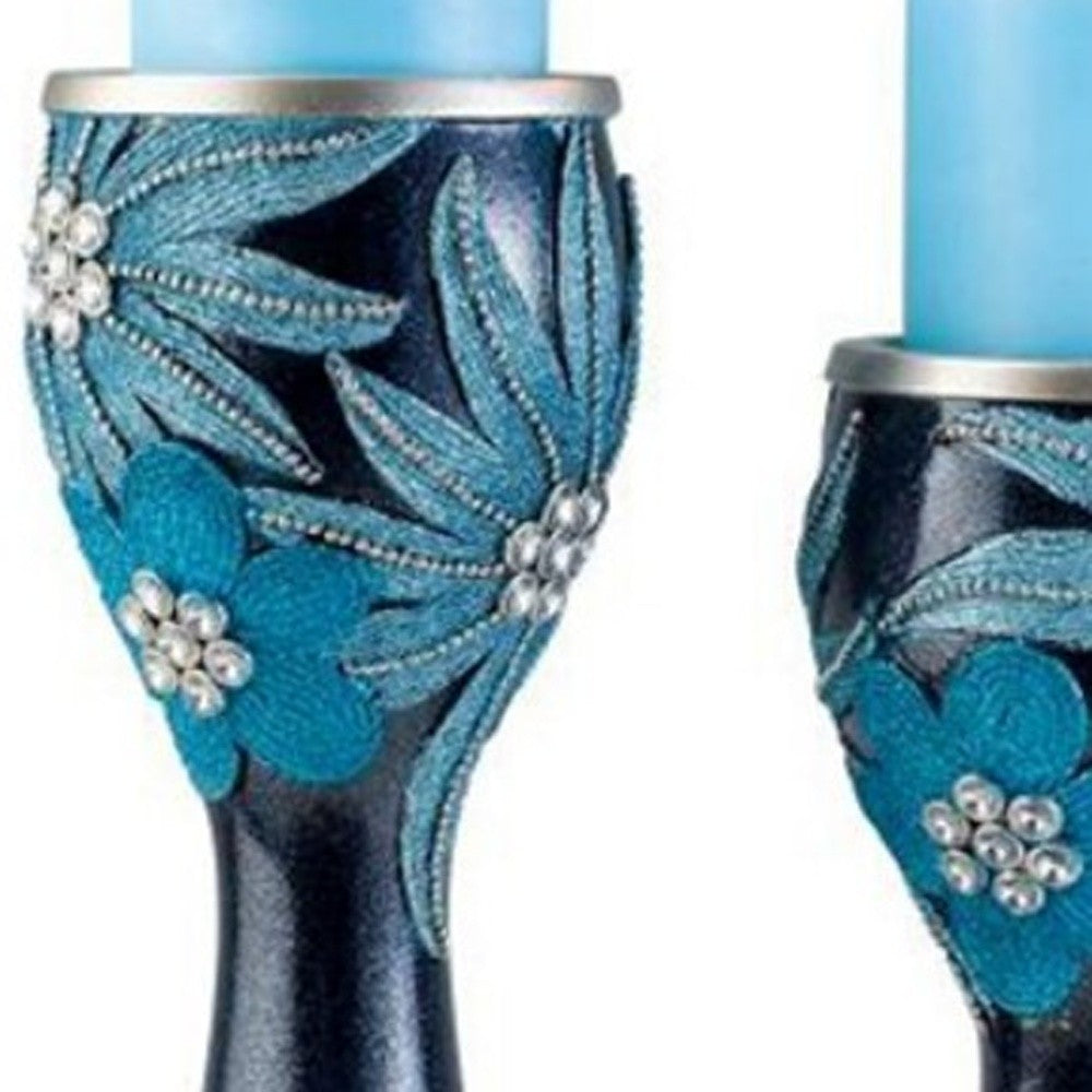 Set Of Two Navy and Aqua Floral Bling Candle Holders with Candles