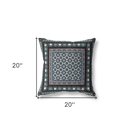 20" X 20" Black And Blue Floral Blown Seam Suede Throw Pillow